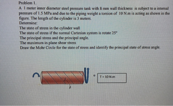 Problem 1. A I meter inner diameter steel pressure tank with 8 mm wall thickness is subject to a internal pressure of 1.5 MPa