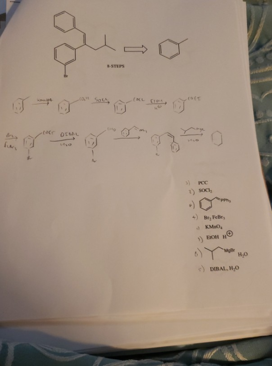 8-STEPS 2) ecc 2) SOCI, 4) Br FeBr; L] KMnO4 1) ЕОн не 6) Y MgBr Ho -) DIBAL, H,0