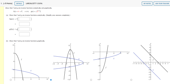 1. [-/5 Points] DETAILS LARCALCET7 1.5.014. MY NOTES ASK YOUR TEACHER Show that f and g are inverse functions analytically an