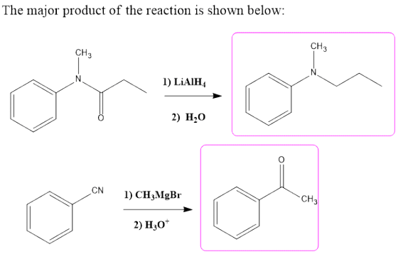 The major product of the reaction is shown below: 1) LiAlH4 of ou 2) H20 1) CH3MgBr 2) H30