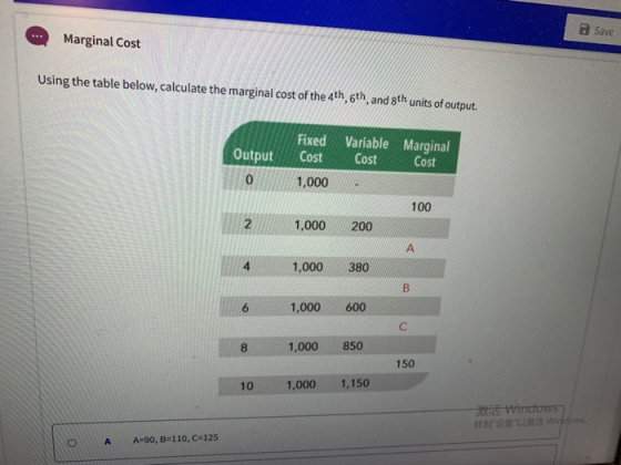 & Save Marginal Cost Using the table below, calculate the marginal cost of the 4th, 6th and 8th units of output. Fixed Cost 1