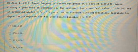 On July 1, 2019, Aaron Company purchased equipment at a cost of $120,000. Aaron Companys year ends on December 31. The equip
