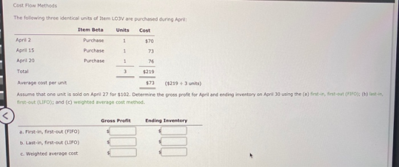 Cost Flow Methods The following three identical units of Item LO3V are purchased during April: Item Beta Units Cost Purchase