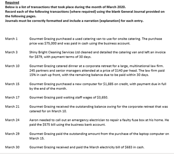 Required Below is a list of transactions that took place during the month of March 2020. Record each of the following transac