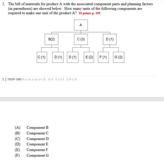 2. The bill of materials for product A with the associated component parts and planning factors (in parenthesis) are showed below. How many units of the following components are required to make one unit of the product A? 10 points p. 195 B(2) C (3) ľITRSP-300 H o m ework #3 Fall 2018 (A) Component B (B) Component C (C) Component D (D) Component E (E) Component F (F) Component G