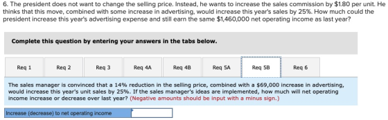 6. The president does not want to change the selling price. Instead, he wants to increase the sales commission by $1.80 per u