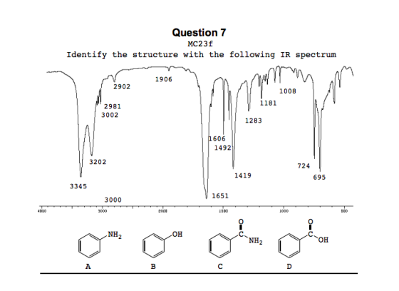 Question 7 MC23f Identify the structure with the following IR spectrum 1906 2902 1008 1181 2981 3002 1283 606 1492 3202 724 1419 695 3345 1651 3000 NH OH NH2