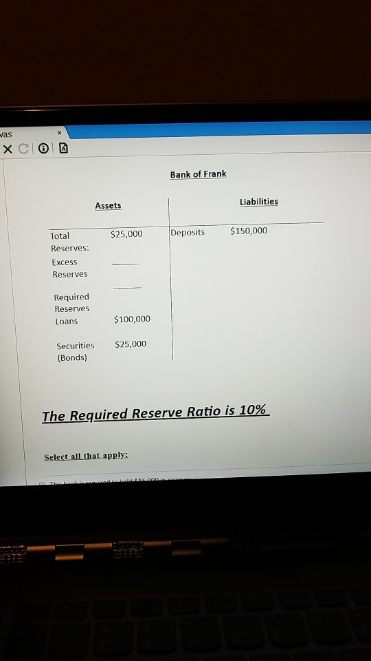 as Bank of Frank Assets Liabilities Total $25,000 Deposits $150,000 Reserves: Excess Required Reserves Loans $100,000 Securities $25,000 The Required Reserve Ratio is 10% Select all that apply: