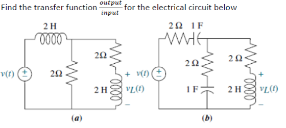 Whe Find the transfer function output for the electrical circuit below input 2H 2221F 0000 222 22 222 v(t) 232 + vo 21 VLt) 1