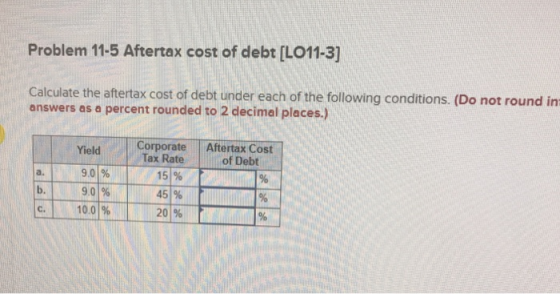 Problem 11-5 Aftertax cost of debt [LO11-3]| Calculate the aftertax cost of debt under each of the following conditions. (Do