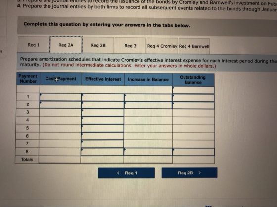 the issuance of the bonds by Cromley and Barnwells investment on Feb 4. Prepare the journal entries by both firms to record