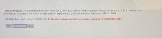 Tater and Pepper Corp. reported free cash flows for 2018 of $39.1 million and investment in operating capital of $221 million
