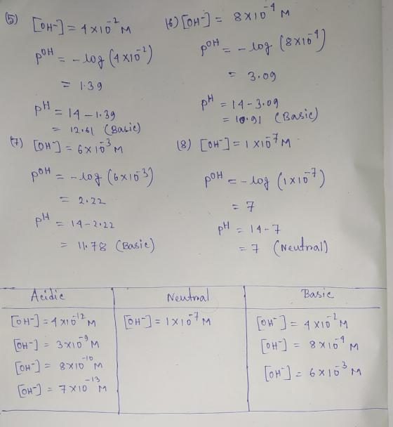 pH = 14-1:39 3 [OH-] = 4x10²m 16) [OH-] = 8x107m. pOH = -log (4x102) pot = -log (8810) = 1.39 = 3.09 pH = 14-3.09 = 12.61 (Ba