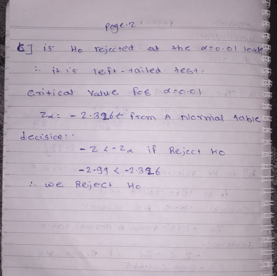 Page 2 6 ] is Ho rejected at the doo ol level3 à it is left-tailed testi Critical value fog a 20:01 zx 62.326€ from A Normal