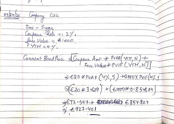 03/24/26 Company Czz - time = 5 year Compoun Rate = 2%. face Value - ticoo . DYTM = 4%. Current_Bond Price Compoun Ami * PV A