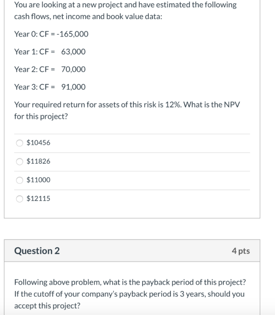 You are looking at a new project and have estimated the following cash flows, net income and book value data: Year O:CF = -16