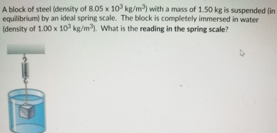 A block of steel (density of 8.05 x 103 kg/m3) with a mass of 1.50 kg is suspended (in equilibrium) by an ideal spring scale.
