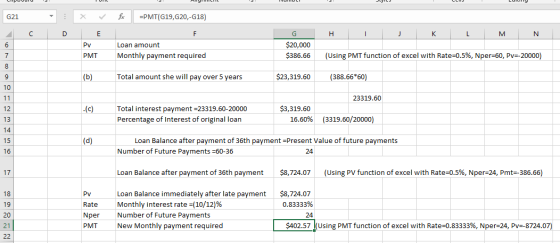 стролита G21 x fo =PMT(G19,620,-G18) C D E H I J K L M N G $20,000 $386.66 Loan amount Monthly payment required PMT (Using PM