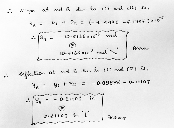 i slope at and B due to (i) and (ii) is, De = 0; + Oii = (-4: 4429 -6.1707 ) *100 (OB = - 10.6136 x 10-3 rad Answer 10. 6136