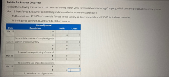 Entries for Product Cost Flow Record the following transactions that occurred during March 2019 for Harris Manufacturing Comp