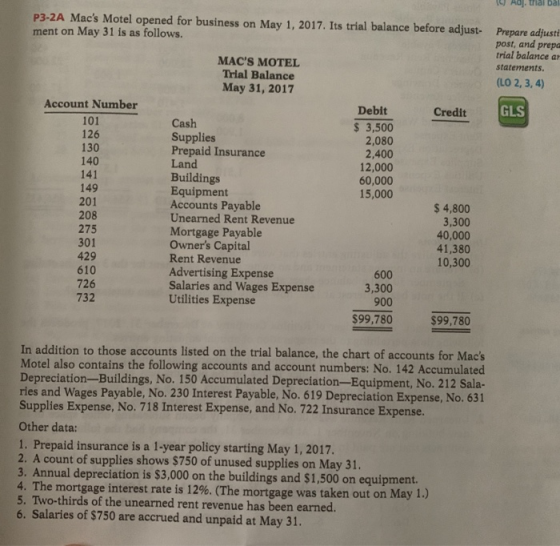 A. trial ba P3-2A Macs Motel opened for business on May 1, 2017. Its trial balance before adjust- Prepare adjusti ment on Ma