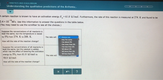 KINETICS AND EQUILIBRIUM Understanding the qualitative predictions of the Arrheniu... A certain reaction is known to have an