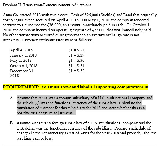 Problem II. Translation/Remeasurement Adjustment Anna Co. started 2018 with two assets: Cash of $20,000 (Stickles) and Land t