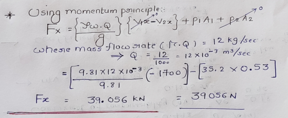 * Using momentum porinciple:- {xx-12x} + Pitit peur Ех я . whene Mass Flow orale (T s flow rate CIQ) = 12 kg /sec Q = 12 = 12