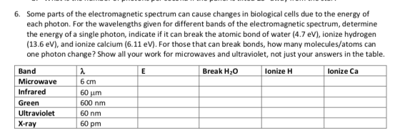 6. Some parts of the electromagnetic spectrum can cause changes in biological cells due to the energy of each photon. For the