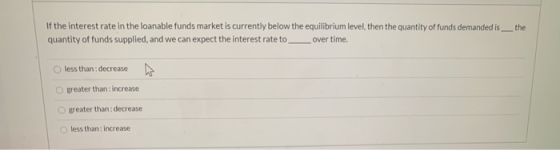 the If the interest rate in the loanable funds market is currently below the equilibrium level, then the quantity of funds de