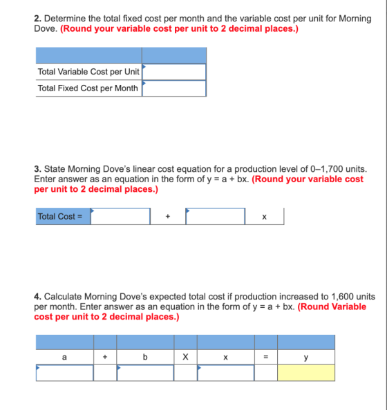 2. Determine the total fixed cost per month and the variable cost per unit for Morning Dove. (Round your variable cost per un