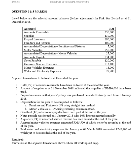 PRINCIPLES OF FINANCIAL ACCOUNTING BAC1034 QUESTION 3 [15 MARKS] Listed below are the selected account balances (before adjus