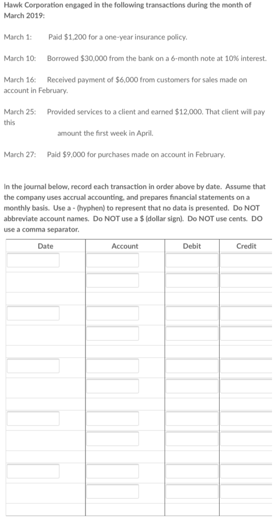 Hawk Corporation engaged in the following transactions during the month of March 2019: March 1: Paid $1,200 for a one-year in