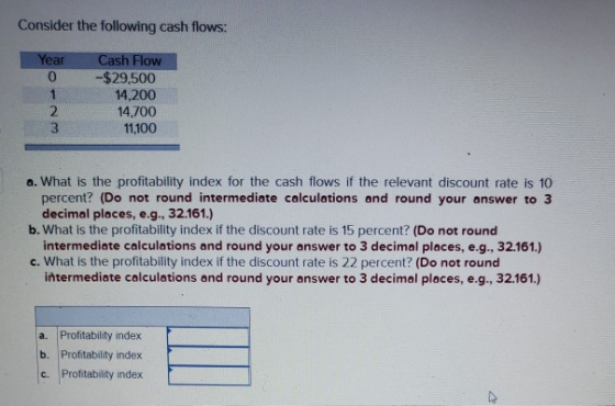 Consider the following cash flows: Year Cash Flow -$29,500 14,200 14,700 11,100 2 3 a. What is the profitability index for th