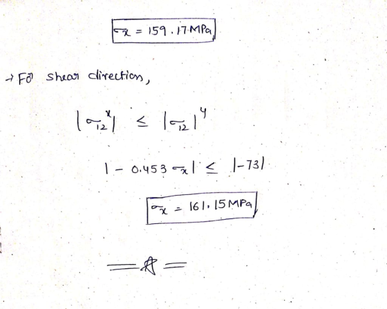 x = 159.17.MPa + Fo? shear clirections, 1-0.453 51 < |-73) F = 161.15 MPa] = =