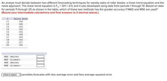 An analyst must decide between two different forecasting techniques for weekly sales of roller blades: a linear trend equatio