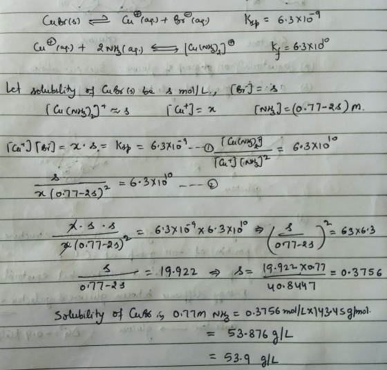 Cubres) ② cu rap.) + Bor (aq) Cu@cap) + 2NH4, Cap. S [lu 1982.]@ Kp = 6.3x109 kg = 6:3x1 do Let solubility of Cubor (1) be s