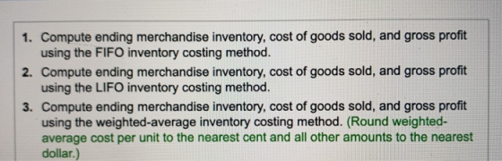 1. Compute ending merchandise inventory, cost of goods sold, and gross profit using the FIFO inventory costing method. 2. Com