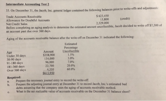 Intermediate Accounting Test 2 33. On December 31, the Jacob, Inc. general ledger contained the following balances prior to w