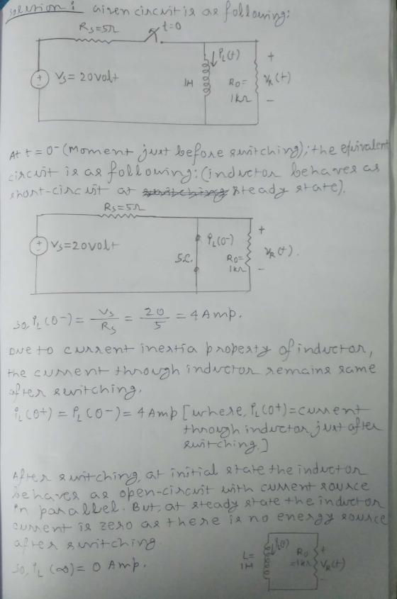 solerioni Giren circuit is an Rg=52 t=0 following: ato 31926) + Đ V=20volt TH vele Ro= { V (H) At t=0-(moment just before swi