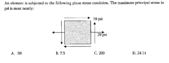 An element is subjected to the following plane stress condition. The maximum principal stress in psi is most nearly: 10 psi 2