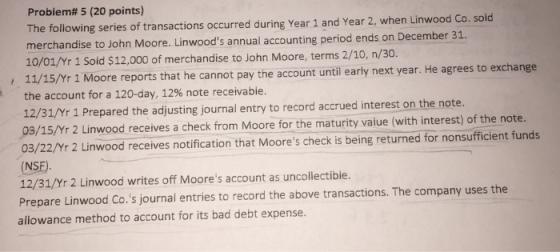 Problem# 5 (20 points) The following series of transactions occurred during Year 1 and Year 2, when Linwood Co. sold merchand