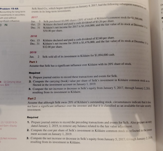 Problem 15-4A Accounting for long-term nvestments in securities: vith and without ignificant influence 3 P4 ok for $1.5600 oc