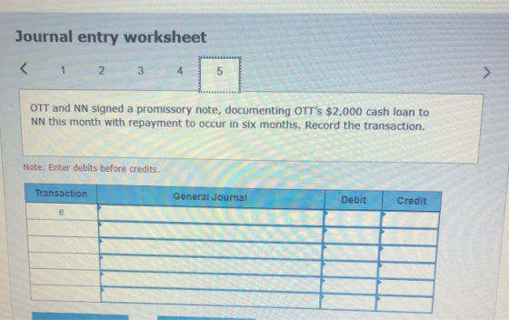 Journal entry worksheet < 1 2 3 4 OTT and NN signed a promissory note, documenting OTTs $2,000 cash loan to NN this month wi