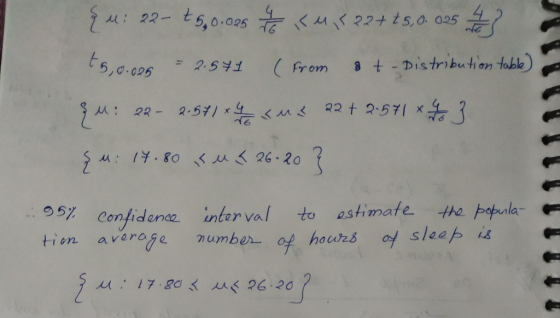 AL 22- t 5,0.025 ( from 3 t-Distribution table) = 5,0.025 2, 5壯 2从 5Confidenaa interval to astimate he popnla tien avare umbe of hours of sleap is 人人: 17.ga < ㅆぐ26.20