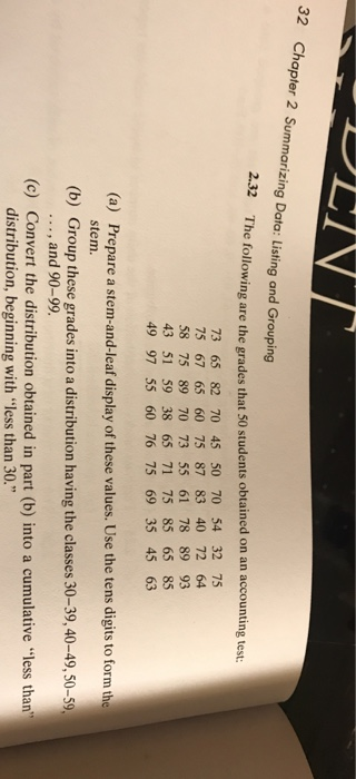 32 Chapter 2 Summarizing Data: Listing and Grouping 2.3 The following are the grades that 50 students obtained on an accounting test: 73 65 82 70 45 50 70 54 32 75 75 67 65 60 75 87 83 40 72 64 58 75 89 70 73 55 61 78 89 93 43 51 59 38 65 71 75 85 65 85 49 97 55 60 76 75 69 35 45 63 Prepare a stem-and-leaf display of these values. Use the tens digits to form the stem (a) (b) Group these grades into a distribution having the classes 30-39,40-49,50-59 ..., and 90-99. (c) Convert the distribution obtained in part (b) into a cumulative less than distribution, beginning with less than 30.