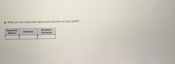 g. What are the expected value and variance of your profit? Expected Return Variance Standard Deviation