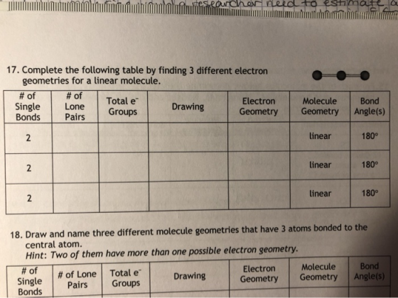 esearcher need to estimated 17. Complete the following table by finding 3 different electron geometries for a linear molecule