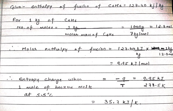 6 The Enthalpy Of Fusion For Benzene C6h 6 78 0 G Mol Is