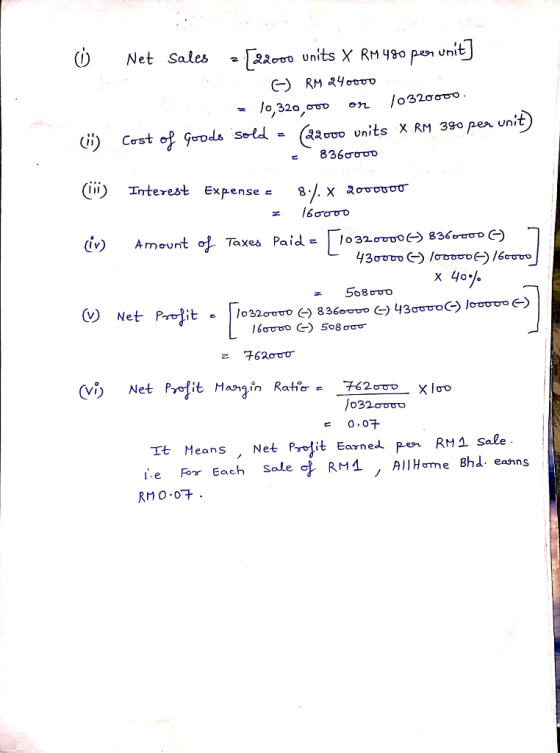 Net sales-22000 units XRmqgopmunit ) Interest Expense. 8./. X aowoco Amau (Vİ) Net Po:/it Hangin Ratir 762ero x1ơo 0.0T P RM1 Sale It Means Net Protit Earned e For Each Sale ot RM1 , AllHome Bhd. eahns